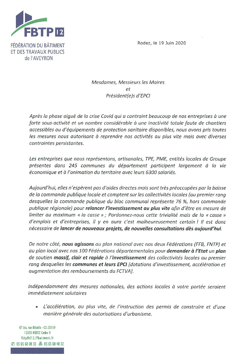 Courrier de la FBTP à l&rsquo;attention des maires et présidents